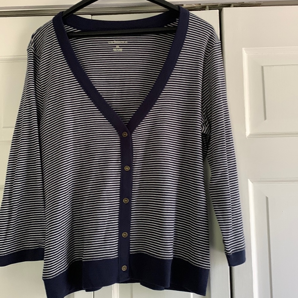 GH Bass navy and white striped cardigan 100% soft cotton.